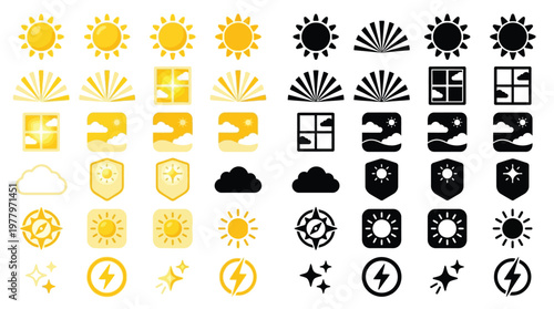 Collection of weather icons in yellow and black, depicting sun, clouds, lightning, and other meteorological symbols.