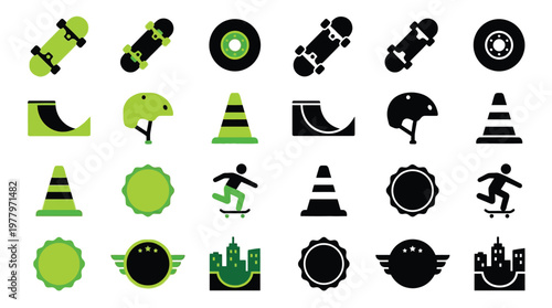 A collection of flat design icons representing skateboarding, including skateboards, helmets, cones, ramps, and cityscapes.