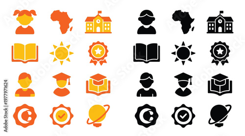 Collection of educational and cultural icons in orange and black, representing learning, geography, and achievement.