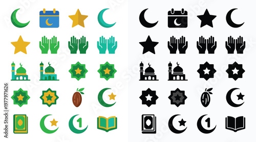 Collection of Islamic cultural and religious symbols, including crescent moons, stars, mosques, prayer hands, and the Quran, presented in both color and silhouette.