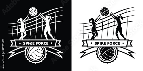 Stylized vector emblem in black and white featuring two female volleyball players spiking a ball over the net, celebrating teamwork and athletic spirit.