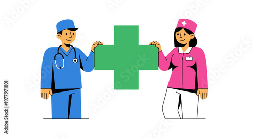 Medical professionals, doctor and nurse, holding green cross symbol, healthcare illustration, vector graphics