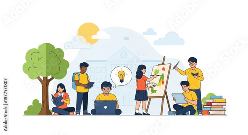 A group of diverse students collaborating and brainstorming ideas in a park with laptops and an easel