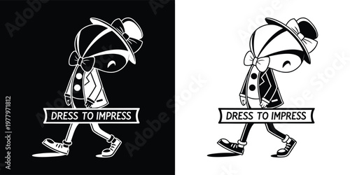 Stylish cartoon character wearing a formal tuxedo and bow tie while walking with a text banner about dressing to impress