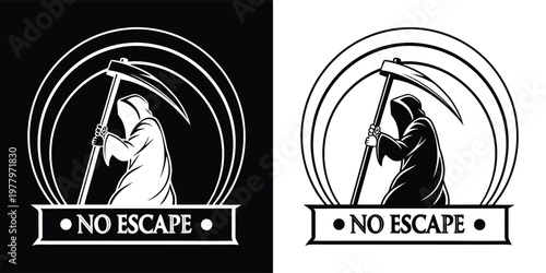 Grim reaper character holding a sharp scythe inside a circular badge with text that says no escape in black white