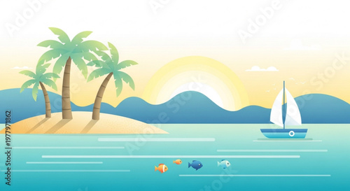 A serene tropical island scene with a sailboat and palm trees in a vibrant vector illustration