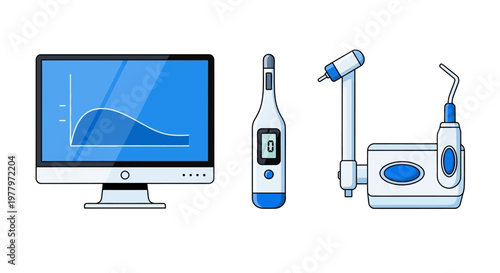 Dental equipment icons, dental tools, blue medical symbols, vector illustrations, oral care devices