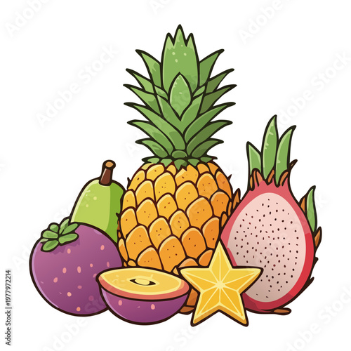 Pineapple dragon fruit and mangosteen for tropical fruit blend and healthy organic juice ingredients for refreshing summer drinks - Vector Illustration