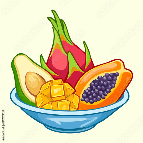 Dragon fruit and papaya mix for exotic tropical fruit salad and healthy organic vitamin intake for summer wellness - Vector Illustration