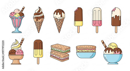 A colorful vector graphic illustration of various desserts and sandwiches
