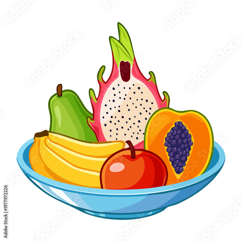 Tropical fruit plate with dragon fruit and banana for healthy organic snack and summer party refreshment ideas collection - Vector Illustration