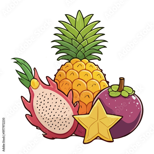 Pineapple dragon fruit and mangosteen collection for exotic tropical fruit market and healthy organic vitamin rich snack options - Vector Illustration