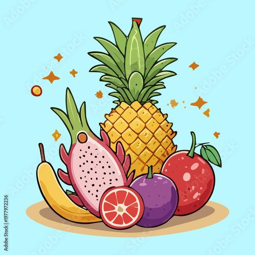 Pineapple and dragon fruit with pomegranate for exotic tropical fruit mix and healthy organic vitamin rich snack ideas - Vector Illustration