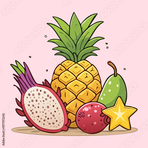 Pineapple dragon fruit and pear for exotic tropical fruit salad and healthy organic vitamin intake for summer wellness - Vector Illustration