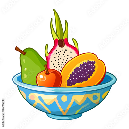 Fruit bowl with dragon fruit and papaya for tropical healthy organic snack and summer party refreshment ideas daily - Vector Illustration
