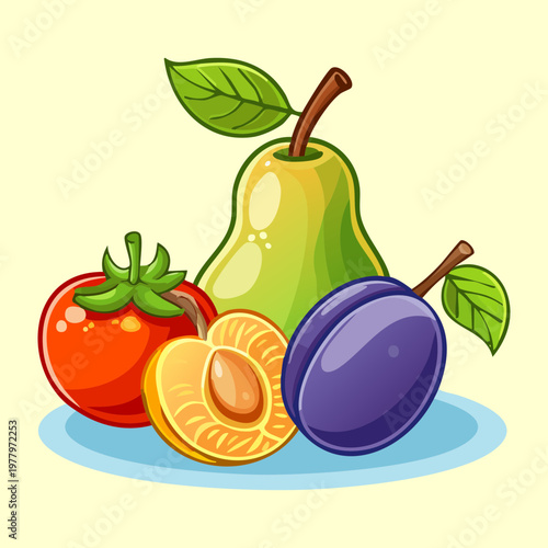 Apple plum and pear for autumn fruit harvest and healthy organic snack for balanced daily diet and nutrition - Vector Illustration