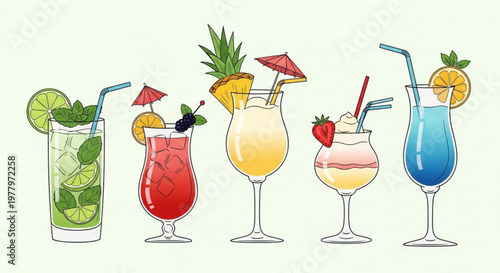 A colorful illustration of five cocktails with umbrellas and straws on a light green background