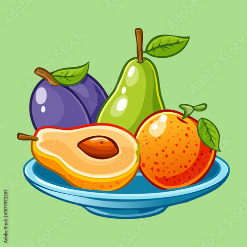 Pear plum and orange for autumn fruit harvest and healthy organic snack for balanced daily diet and nutrition - Vector Illustration