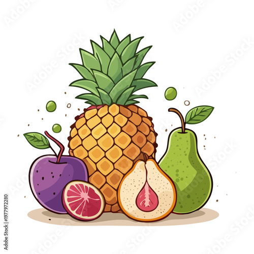 Pineapple and pear for healthy organic snack and tropical fruit variety for daily vitamin rich balanced diet ideas - Vector Illustration
