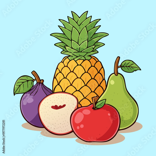 Pineapple apple and pear for healthy organic snack and tropical fruit variety for daily vitamin rich balanced diet - Vector Illustration