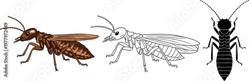 Wasp insect illustration set with detailed realistic outline and silhouette styles flying pest vector collection isolated background