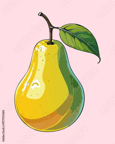 Detailed illustration of a ripe pear with stem and leaf for botanical study and grocery labels - Vector Illustration