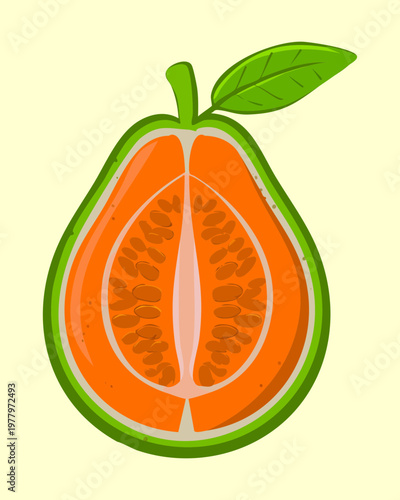 Half of a lychee fruit with red bumpy skin and translucent white flesh for Asian market - Vector Illustration