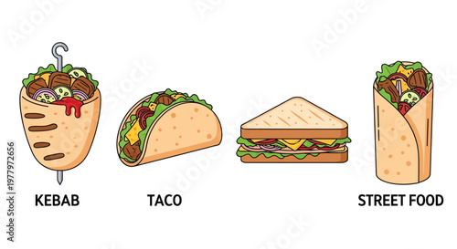 Flat illustration set of various international street food icons with kebab and taco