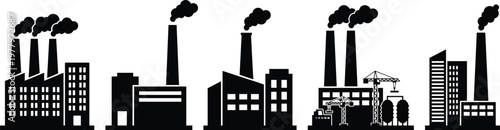 Industrial Factory Building Silhouette Vector Collection, Manufacturing Plant Icons with Smoke Stacks and Chimneys, Heavy Industry Production Facilities for Business Design