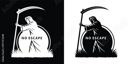 Grim reaper silhouette holding a scythe while standing over text that says no escape in a minimalist vector design