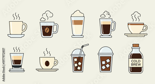 Flat icons depict various hot and cold coffee drinks on saucers and in bottles.