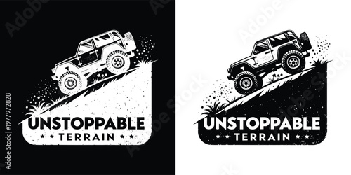 Rugged offroad vehicle climbing a steep slope for an exciting adventure represented by this bold and stylish graphic vector illustration