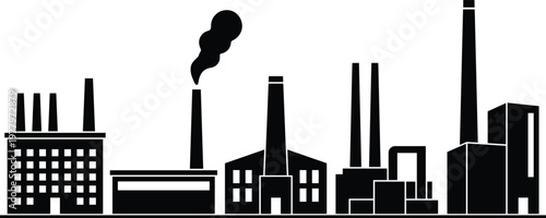 Industrial Factory Building Silhouette Vector Collection, Manufacturing Plant Landscape with Smoke Stacks and Chimneys, Heavy Industry Production Facilities for Business Design