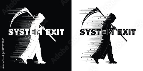 Grim reaper figure holding a scythe with motion effect and the bold text system exit in a stark minimalist design