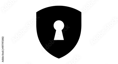 A solid black security shield icon with a keyhole is shown upscaled.
