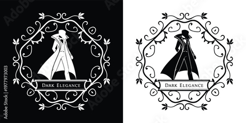 Stylish silhouette of a gentleman wearing a trench coat standing inside a decorative frame for a vintage fashion logo design