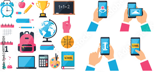School education and mobile learning concept vector illustration featuring classroom supplies, smartphone apps, online study tools and academic icons isolated set