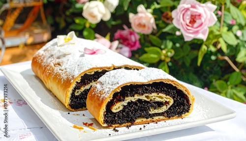 A plated chocolate-filled pastry roll dusted with sugar