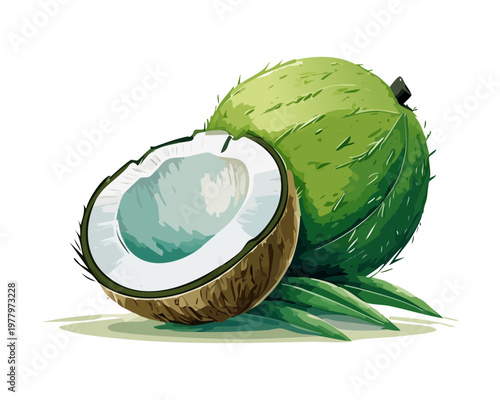 Whole coconut with half cut showing white meat for tropical summer beach theme and organic milk - Vector Illustration