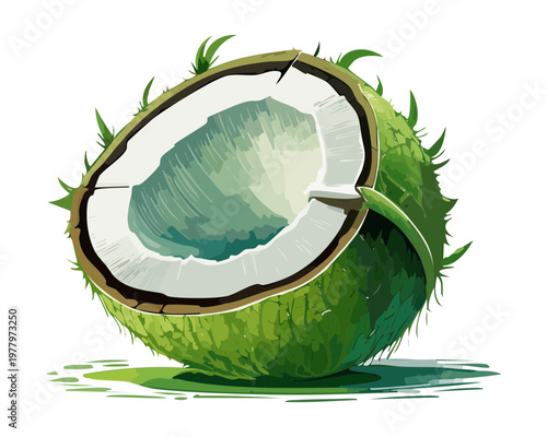 Cracked coconut showing white interior for healthy tropical snacks and natural organic beauty product ingredients - Vector Illustration