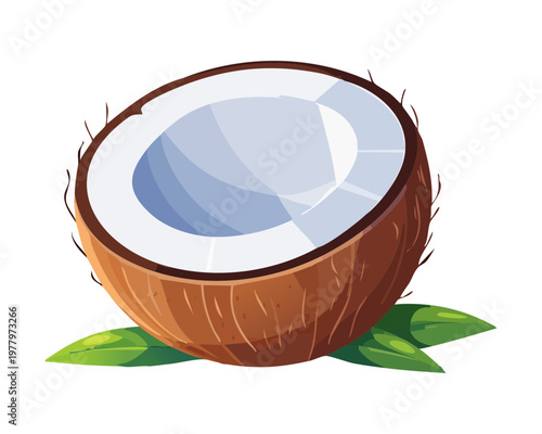 Cut open coconut with white meat for refreshing tropical drinks and healthy organic lifestyle blog graphics - Vector Illustration