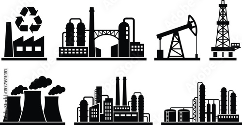 Industrial Factory Silhouettes Set Including Oil Rig, Power Plant, Refinery, Manufacturing Facility, Recycling Center, and Petrochemical Infrastructure for Engineering Projects