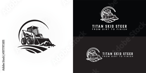 A bold skid steer icon symbolises excavation, landscaping, grading, and dependable construction services, moving earth beneath a sweeping arc.