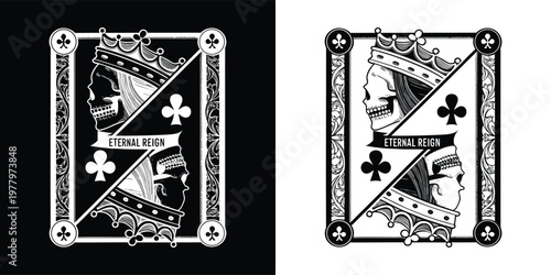 A striking black and white illustration of a macabre king of clubs playing card featuring a skull wearing a crown and "Eternal Reign" text.