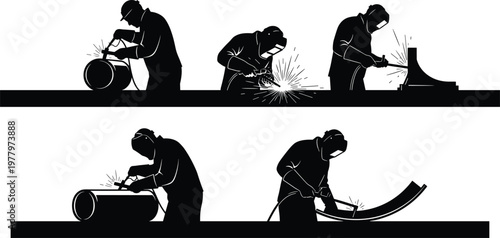 Industrial Professional Welder Silhouette Set Working on Metal Pipes and Steel Structures in Factory Workshop for Construction Engineering and Manufacturing Industry