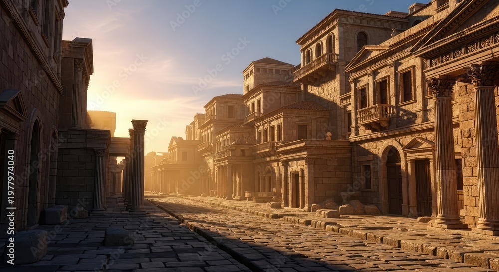 Fototapeta premium Ancient City Street Scene at Golden Hour Sunrise.