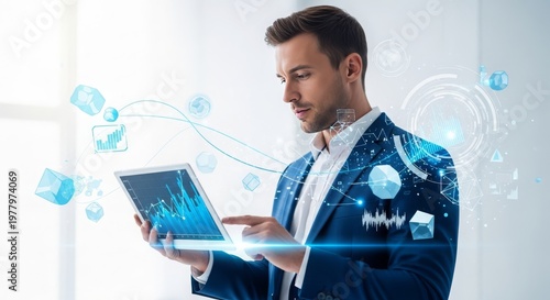 Businessman using tablet and holographic technology interface.