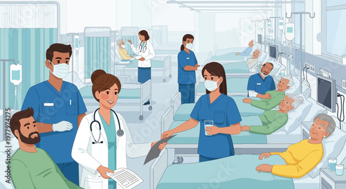 Medical professionals, hospital staff, healthcare workers, nursing team, patient care, blue scrubs, white coats, hospital setting, vector illustration