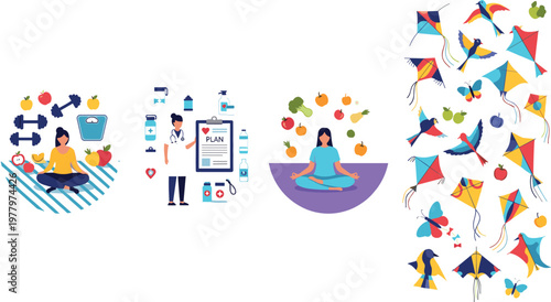Healthy lifestyle, medical checkup, yoga meditation and colorful kite festival vector illustration set featuring wellness, nutrition and outdoor activity concepts