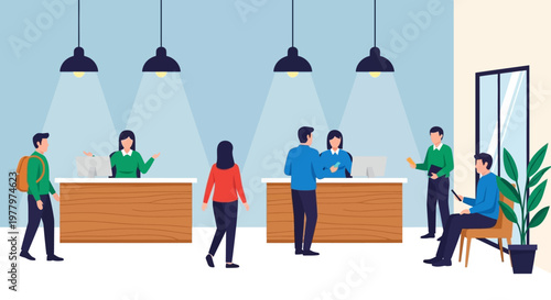 Office Reception, Modern Workplace, People Waiting, Business Lobby, Corporate Vector Illustration